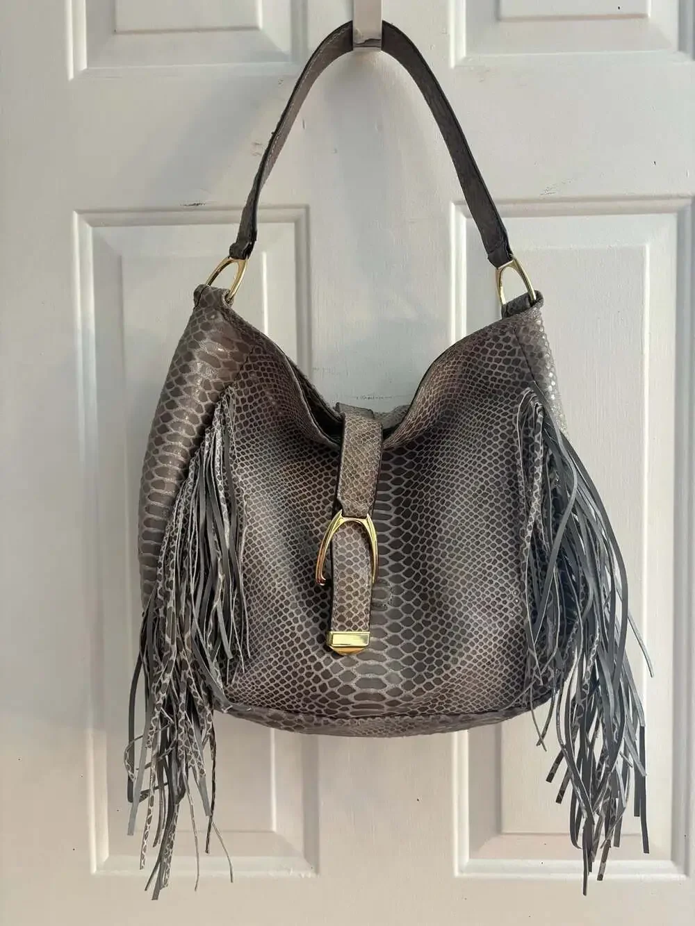 G.I.L.I. Snakeskin Pattern Genuine Leather Stirrup Hobo Bag with Fringe